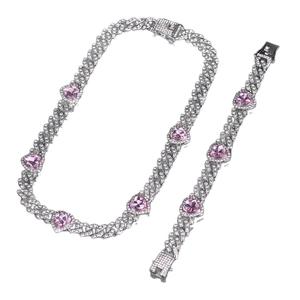 Set di gioielli catena cubana con cuore rosa con collana e bracciale di strass