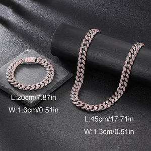 Ensemble chaîne cubaine rose glacée avec collier et bracelet en alliage de 12mm strass