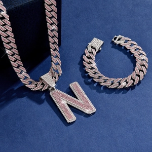 Hiphop silver-tone Cuban link necklace and bracelet set with pink diamond letter N pendant