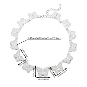 Tableau des tailles du collier papillon argenté avec dimensions des strass en cristal