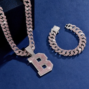 Iced out silver cuban chain and bracelet set with pink letter B pendant for men