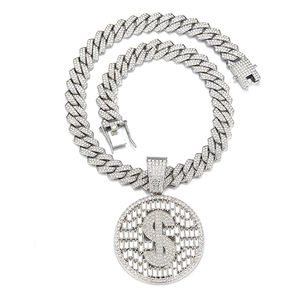 Ensemble collier chaîne cubaine épaisse et pendentif signe dollar argenté serti