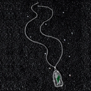 Religious Saint Jude pendant necklace with green enamel and sparkling crystals on black stones