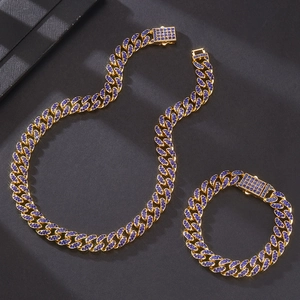 Parure bijoux cubains hip-hop avec chaîne dorée 12mm et strass bleus brillants