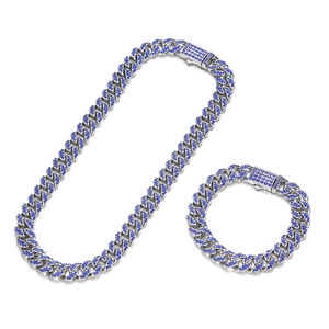 Ensemble collier et bracelet chaîne cubaine argentée avec strass bleus style hip-hop