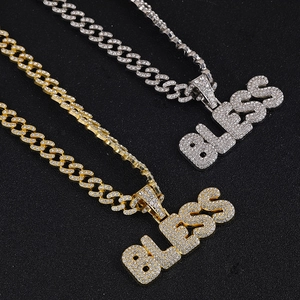 Hip Hop Iced Out Alloy Rhinestone BLESS Letter Pendant Necklace For Men Women Trendy Cuban Link Chain Jewelry