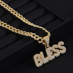 Gold-plated iced-out Cuban link chain necklace with BLESS letter pendant and full zircon