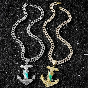 Hip hop style gold and silver anchor pendants with religious figure and white crystals