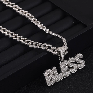 Iced out silver Cuban link necklace with BLESS letter pendant and sparkling stones