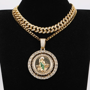 Hip Hop St Jude Religious Pendant Necklace Gold Plated Zinc Alloy Rhinestone Cuban Link Chain Jewelry For Men Women