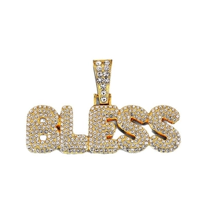 Iced out gold BLESS letter pendant necklace with cubic zirconia for hip hop street style