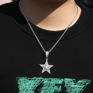 Collana hiphop con ciondolo a stella color argento con zirconi e catena a cordoncino