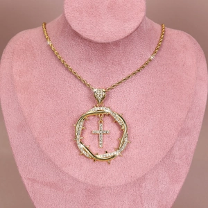 Hip Hop Alloy Rhinestone Cross Pendant Necklace Round Thorn Crown Gold Silver Plated Religious Fashion Jewelry For Men Women