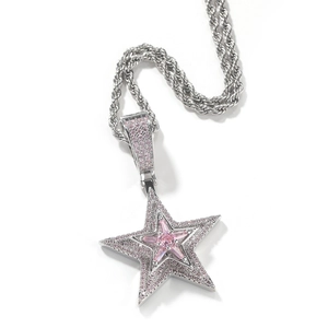 Collana con pendente a stella rotante Iced Out con zirconi rosa e catena a corda