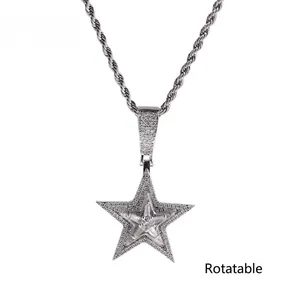 Collana con Ciondolo a Stella Rotante Hip Hop in Rame con Strass Intarsiati Gioielli per Uomo Donna Catena a Corda Bling