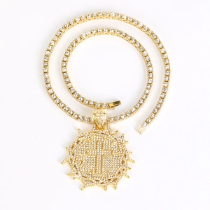 Iced out gold cross medallion pendant with shimmering tennis chain for hip hop style
