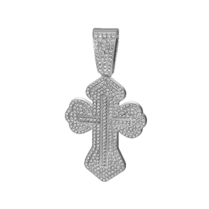 Iced out silver cross pendant with white crystals and floral details in hip hop style