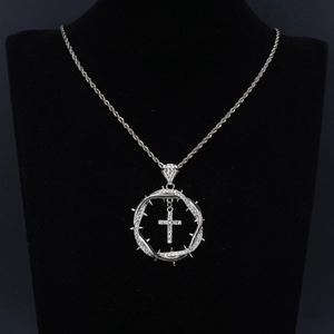 Silver vintage cross pendant with diamond-set thorn wreath on twisted rope chain