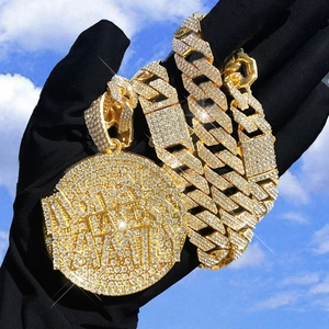 Gold iced out Cuban link chain with round pave diamond pendant for hip hop style