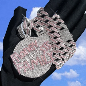 Hip Hop Alloy Rhinestone Round Tag Pendant Necklace For Men Women Iced Out Cuban Link Chain Letter Jewelry