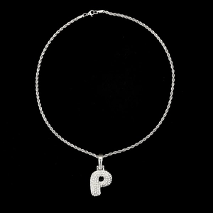 Silver twist chain necklace with letter P pendant fully paved in sparkling zircon stones