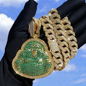 Hiphop Laughing Buddha pendant with green crystals on a gold-plated Cuban chain necklace