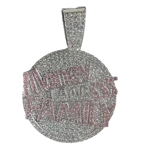 Hip-hop silver round pendant with full diamond pave and Money And Family pink lettering