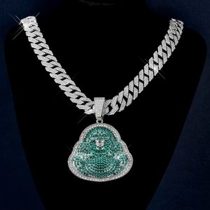 Hip hop laughing Buddha pendant necklace with green crystals and iced out Cuban chain