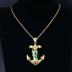 Hip Hop Alloy Rhinestone St Jude Anchor Pendant Necklace Gold Silver Plated Green Enamel Religious San Judas Tadeo Rope Chain Jewelry