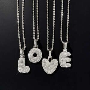 Hip Hop Pave Rhinestone Letter Pendant Necklace Zinc Alloy Rope Chain Silver Color Bubble Initial Necklace For Women Men
