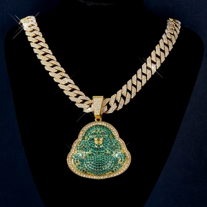 Hip-Hop gold Cuban chain with iced-out green crystal Laughing Buddha pendant for men