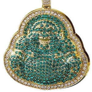 Hip-hop gold laughing Buddha pendant necklace with full green and white rhinestones