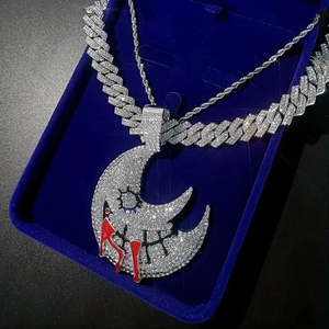 Hiphop Silber-Mondanhänger Set mit kubanischer Kette und Seilkette in einer Schmuckschatulle