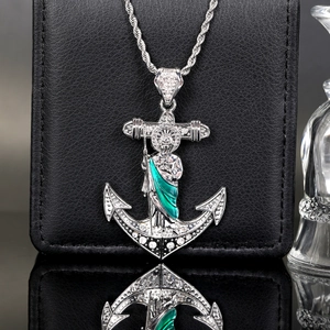 Hip hop silver anchor cross pendant with green Saint Jude relief on twisted rope chain