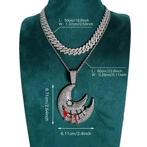 Hip Hop Layering Halskette mit Iced Out Cuban Chain und Mondsichel-Anhänger