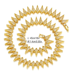 Hip hop panther style gold spiked chain necklace with white cubic zirconia 45cm