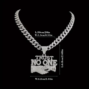 Detail of iced out Cuban chain and Trust No One pendant showing exact size measurements