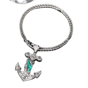 Hip hop silver rope chain necklace with iced out anchor cross pendant and green accents
