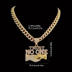 Gold-plated iced out Cuban link chain with Trust No One snake handshake pendant