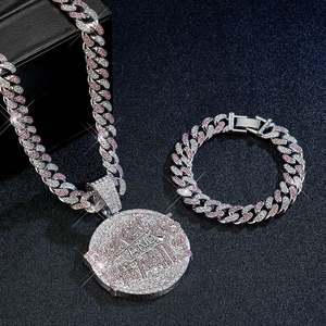 Hip hop silver jewelry set with pink iced out round AND pendant and cuban link chain