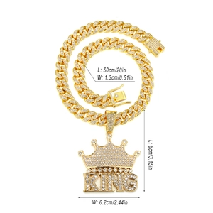 Iced out Gold Krone KING Anhänger Halskette mit Hip-Hop Cuban Gliederkette und Strass