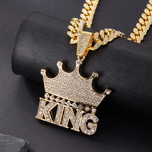 Goldene King Krone Halskette mit Strasssteinen und schwerer Panzerkette für Hip-Hop-Streetwear
