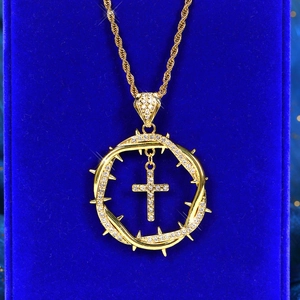 Hip hop gold plated thorn crown cross pendant necklace with sparkling cubic zirconia stones