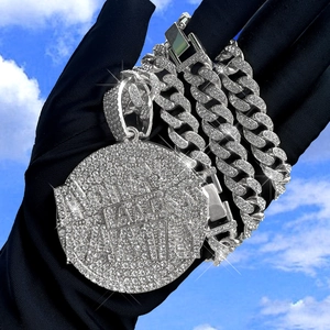 Hip Hop Iced Out Round Pendant Necklace Set Full Rhinestone Alloy Cuban Link Chain Streetwear Jewelry For Men Women