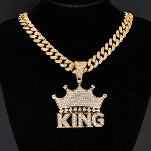Hip Hop Krone KING Buchstabe Anhänger Halskette Gold Farbe Legierung Strass Iced Out Panzerkette Für Herren Damen Schmuck