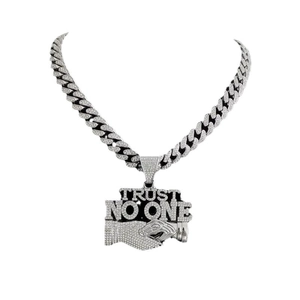 Iced out Cuban link necklace with Trust No One pendant and white zircon stones