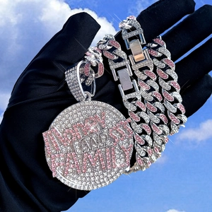 Iced out Cuban link necklace with Money and Family round pendant in silver and pink stones
