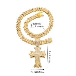 Gold hip hop cuban link chain with large iced-out cross pendant and size dimensions