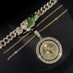 Saint Jude pendant necklace with green enamel and iced-out cubic zirconia jewelry set