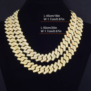 Χρυσό κολιέ Cuban Link με τρεις σειρές διαμαντιών, πλάτος 1,7 cm και μήκος 45-50 cm στυλ